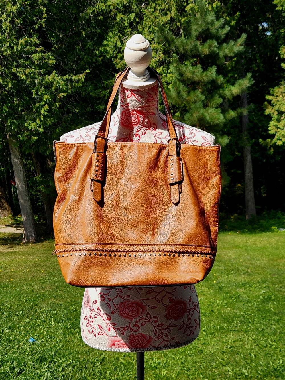 Caramel Tan Stud-Trim Leather Tote Conceal Carry Vegan Leather *Virago - Picture 5 of 10